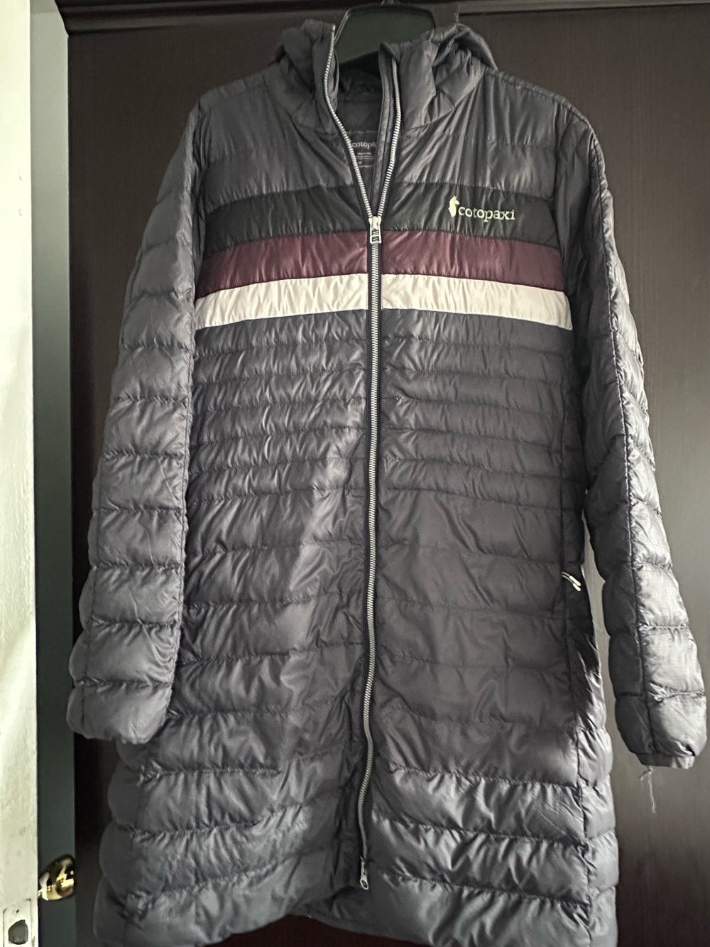 cotopaxi  Fuego Gray Quilt Longline Puffer with Burgundy and White Stripes